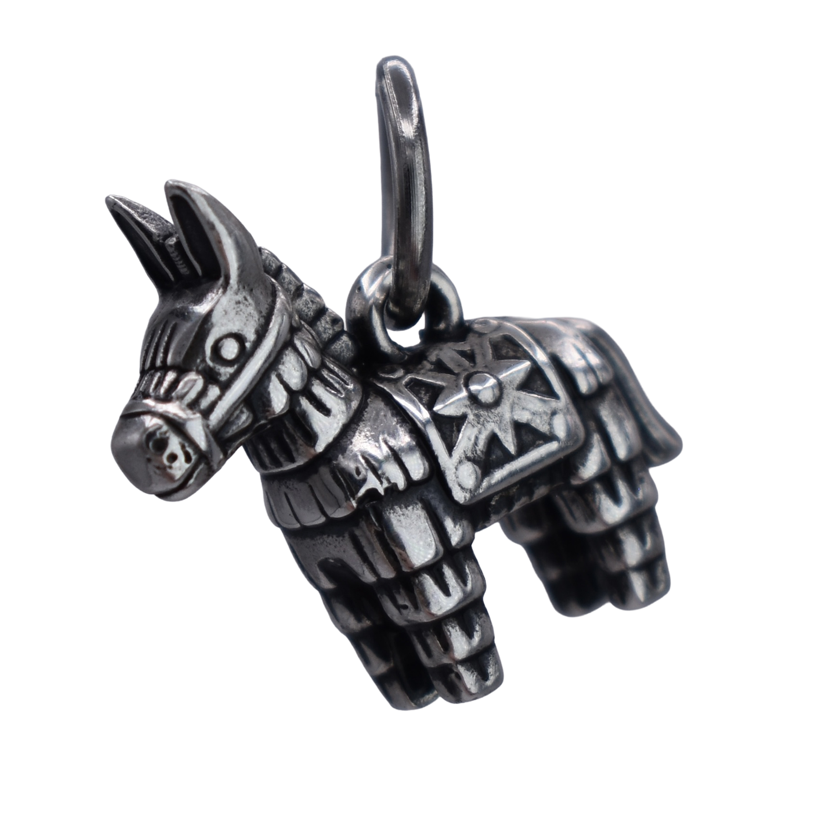 A donkey pinata Charm - Handcrafted .925 Sterling Silver Pendant for Bracelets and earrings by The Colorado Charm Company - left side view