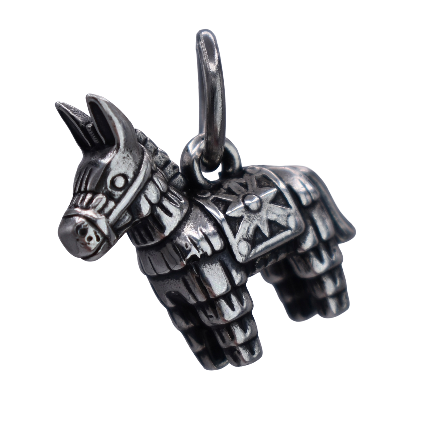 A donkey pinata Charm - Handcrafted .925 Sterling Silver Pendant for Bracelets and earrings by The Colorado Charm Company - left side view
