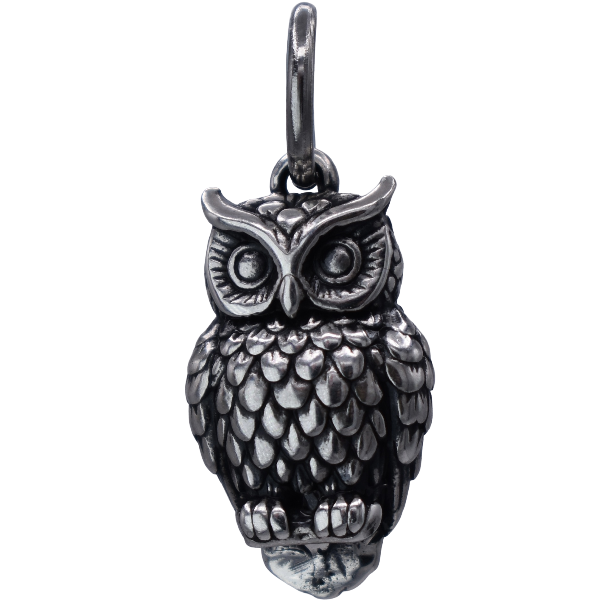 A Great Horned Owl Charm - Handcrafted .925 Sterling Silver Pendant for Bracelets and earrings by The Colorado Charm Company - Front view