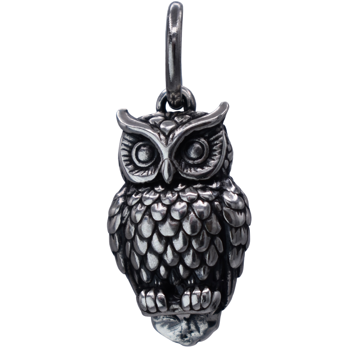 A Great Horned Owl Charm - Handcrafted .925 Sterling Silver Pendant for Bracelets and earrings by The Colorado Charm Company - Front view