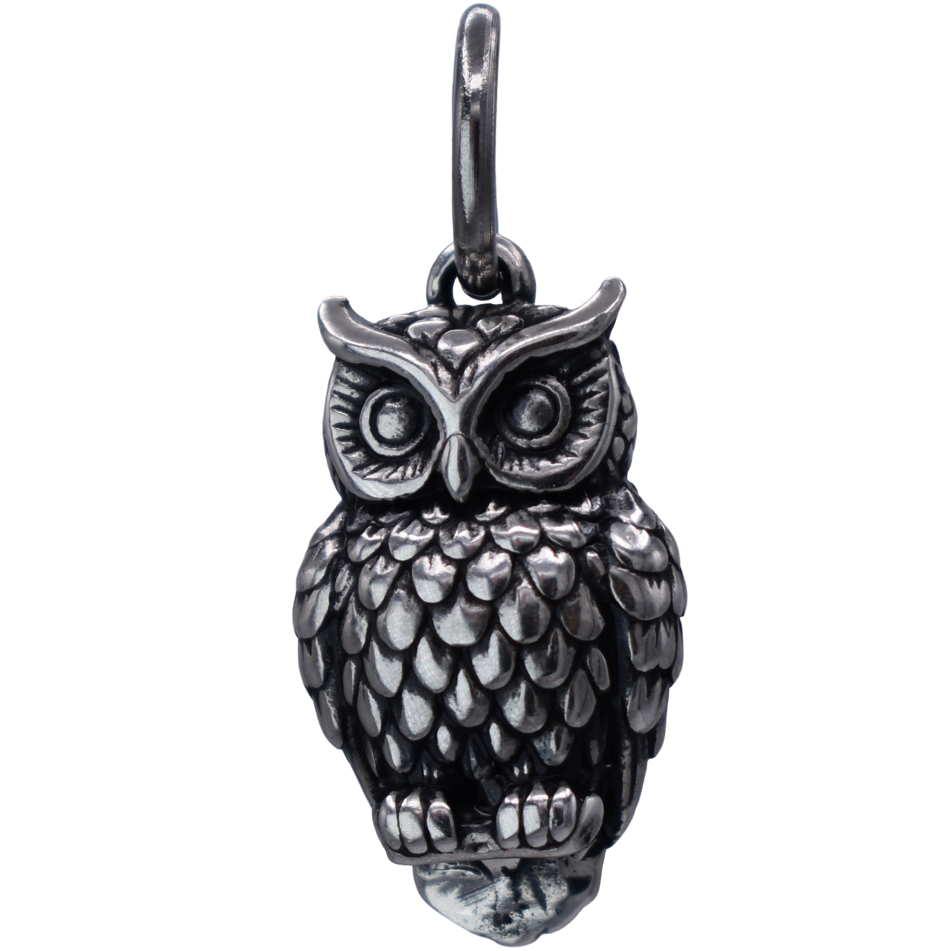 A Great Horned Owl Charm - Handcrafted .925 Sterling Silver Pendant for Bracelets and earrings by The Colorado Charm Company - Front view