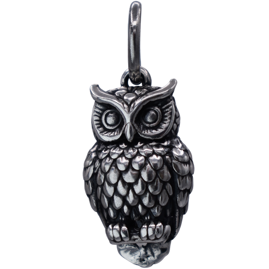 A Great Horned Owl Charm - Handcrafted .925 Sterling Silver Pendant for Bracelets and earrings by The Colorado Charm Company - Front view