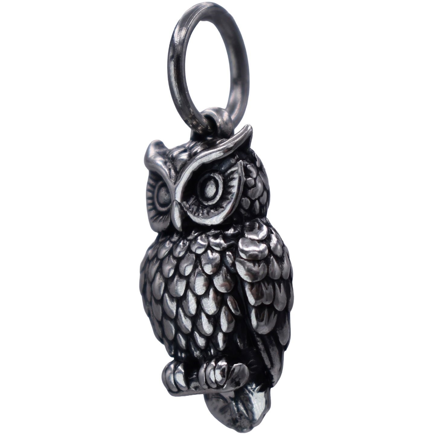 A Great Horned Owl Charm - Handcrafted .925 Sterling Silver Pendant for Bracelets and earrings by The Colorado Charm Company - right side view
