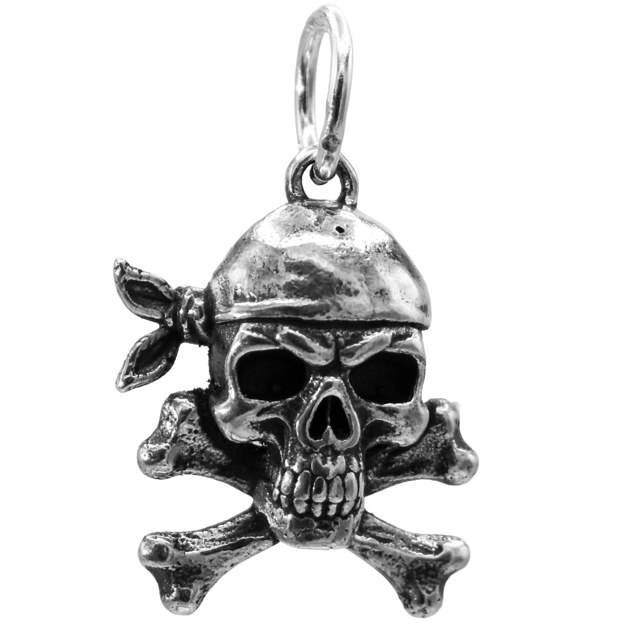 A Pirate Skull and Crossbones Jolly Roger Charm - Handcrafted .925 Sterling Silver Pendant for Bracelets and earrings by The Colorado Charm Company - Front view