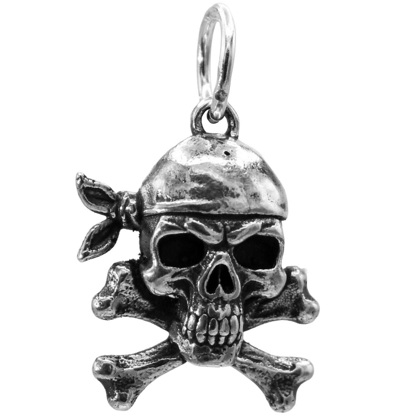 A Pirate Skull and Crossbones Jolly Roger Charm - Handcrafted .925 Sterling Silver Pendant for Bracelets and earrings by The Colorado Charm Company - Front view