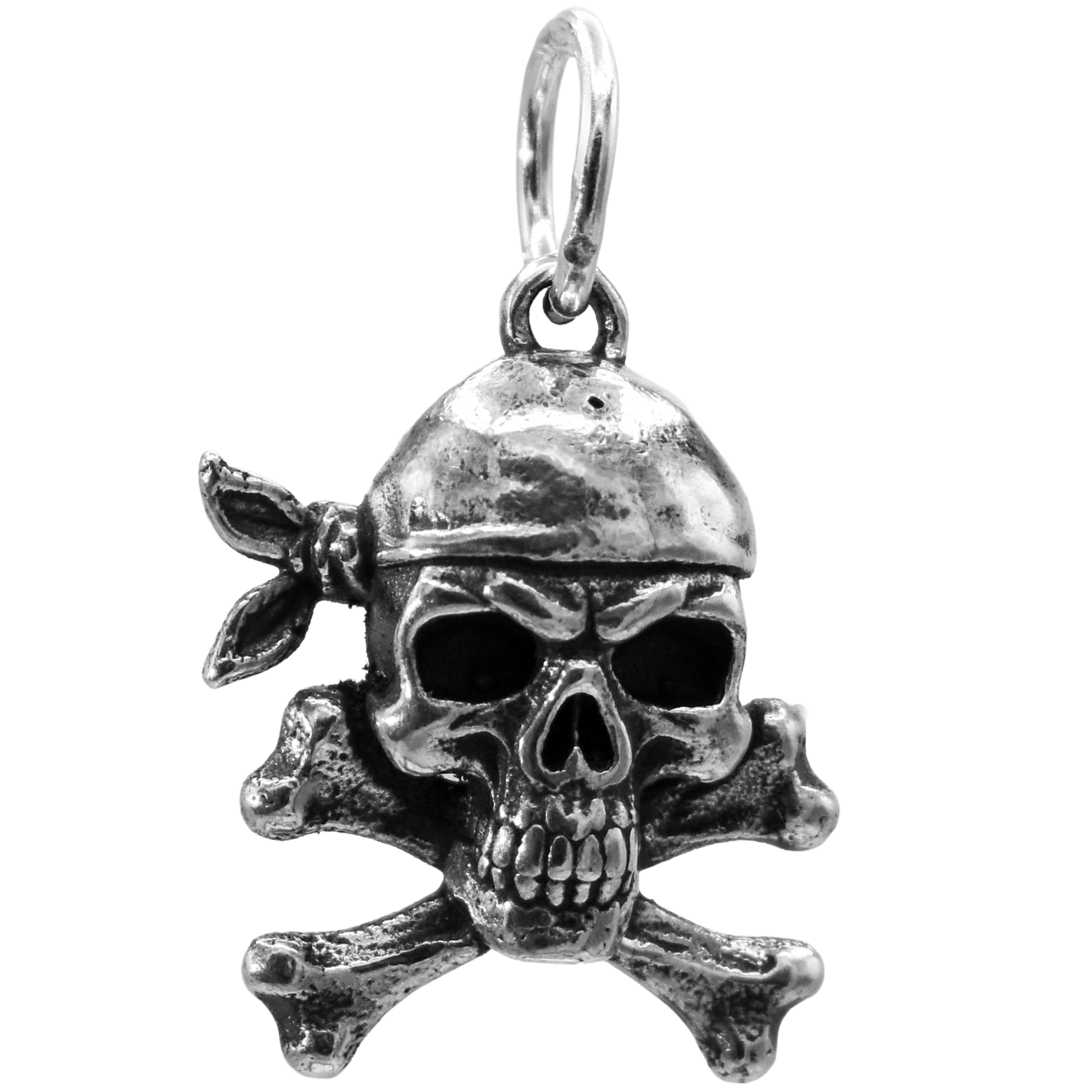A Pirate Skull and Crossbones Jolly Roger Charm - Handcrafted .925 Sterling Silver Pendant for Bracelets and earrings by The Colorado Charm Company - Front view