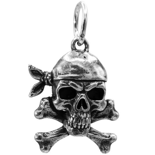 A Pirate Skull and Crossbones Jolly Roger Charm - Handcrafted .925 Sterling Silver Pendant for Bracelets and earrings by The Colorado Charm Company - Front view
