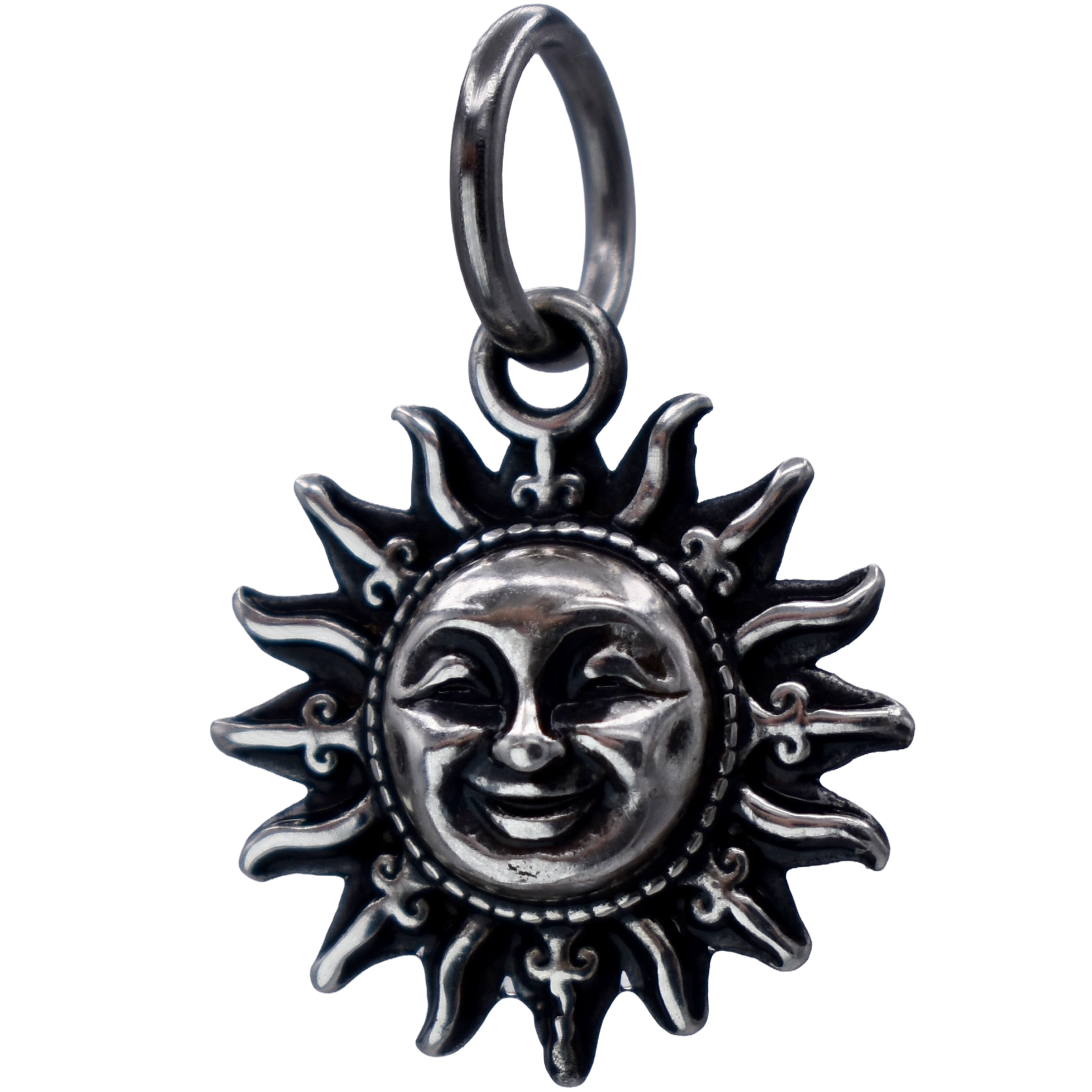 A smiling Sun Charm - Handcrafted .925 Sterling Silver Pendant for Bracelets and earrings by The Colorado Charm Company - Left Front view