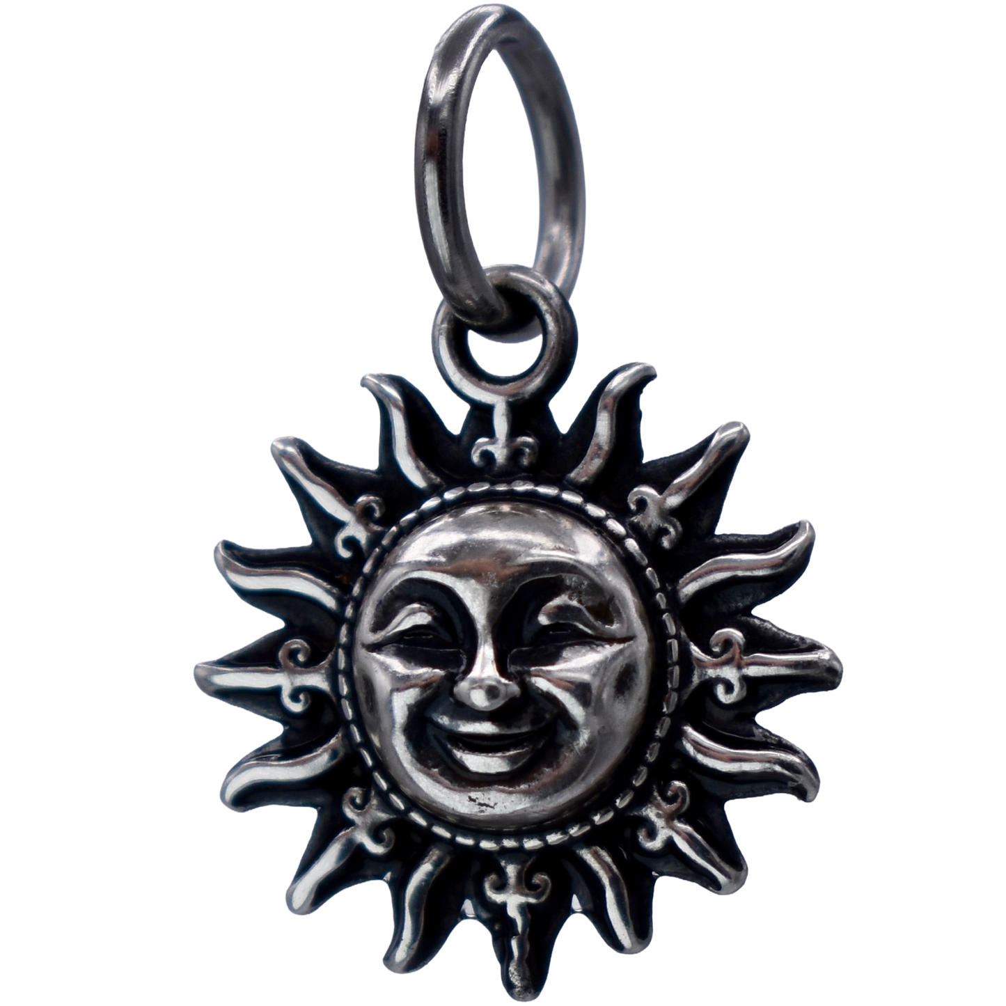A smiling Sun Charm - Handcrafted .925 Sterling Silver Pendant for Bracelets and earrings by The Colorado Charm Company - Left Front view