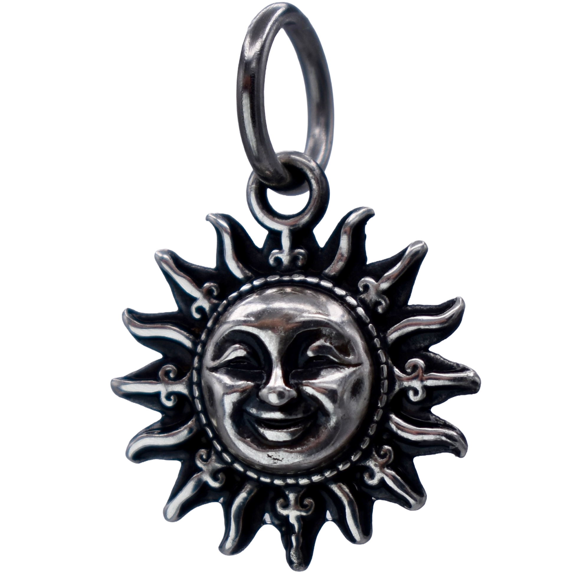 A smiling Sun Charm - Handcrafted .925 Sterling Silver Pendant for Bracelets and earrings by The Colorado Charm Company - Left Front view