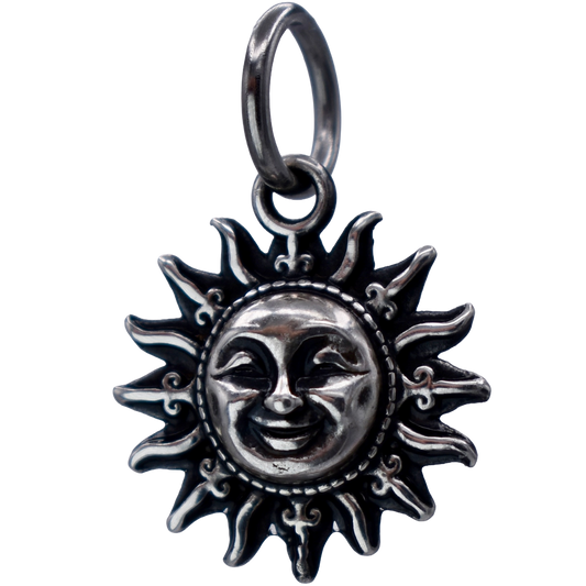 A smiling Sun Charm - Handcrafted .925 Sterling Silver Pendant for Bracelets and earrings by The Colorado Charm Company - Left Front view