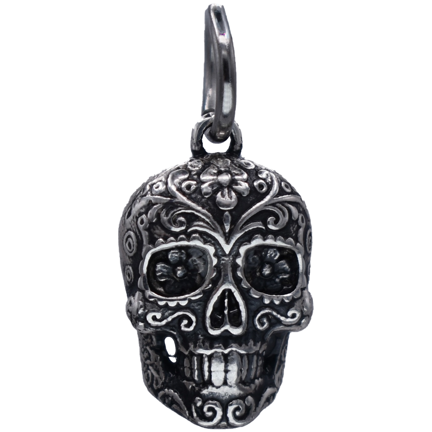 A Dia De Los Muertos Sugar Skull Charm - Handcrafted .925 Sterling Silver Pendant for Bracelets and earrings by The Colorado Charm Company - Front view