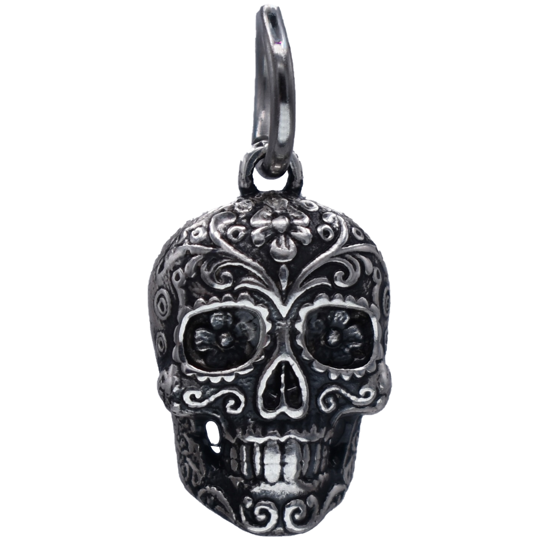 A Dia De Los Muertos Sugar Skull Charm - Handcrafted .925 Sterling Silver Pendant for Bracelets and earrings by The Colorado Charm Company - Front view
