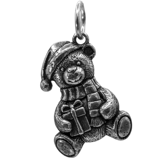 A Christmas teddy bear Charm - Handcrafted .925 Sterling Silver Pendant for Bracelets and earrings by The Colorado Charm Company - Front view