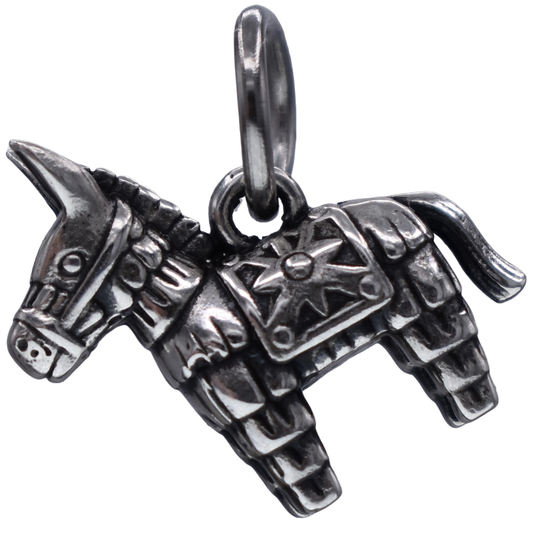 A donkey pinata Charm - Handcrafted .925 Sterling Silver Pendant for Bracelets and earrings by The Colorado Charm Company - right side view