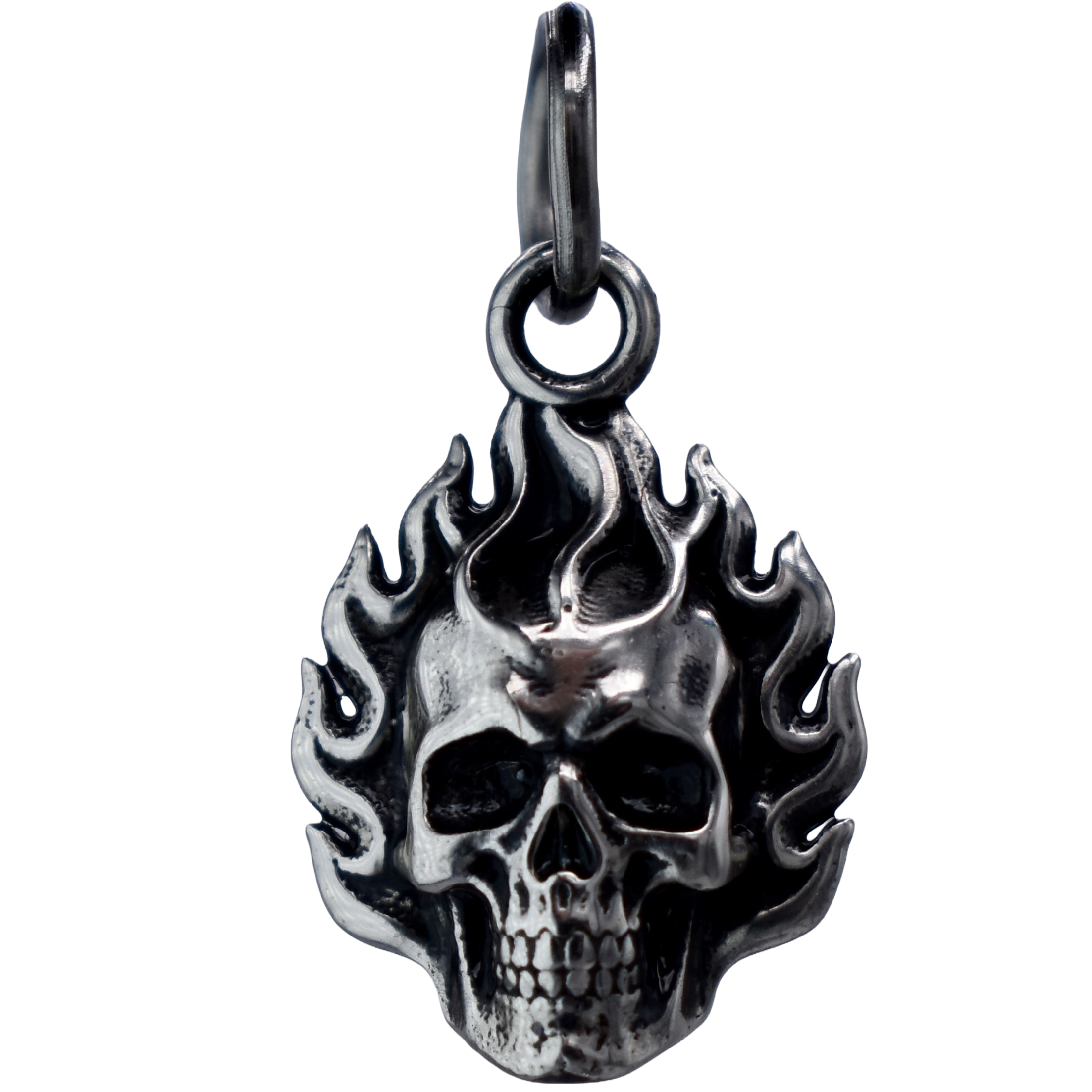 a Flaming Skull Charm - Handcrafted .925 Sterling Silver Pendant for Bracelets and earrings by The Colorado Charm Company - front view