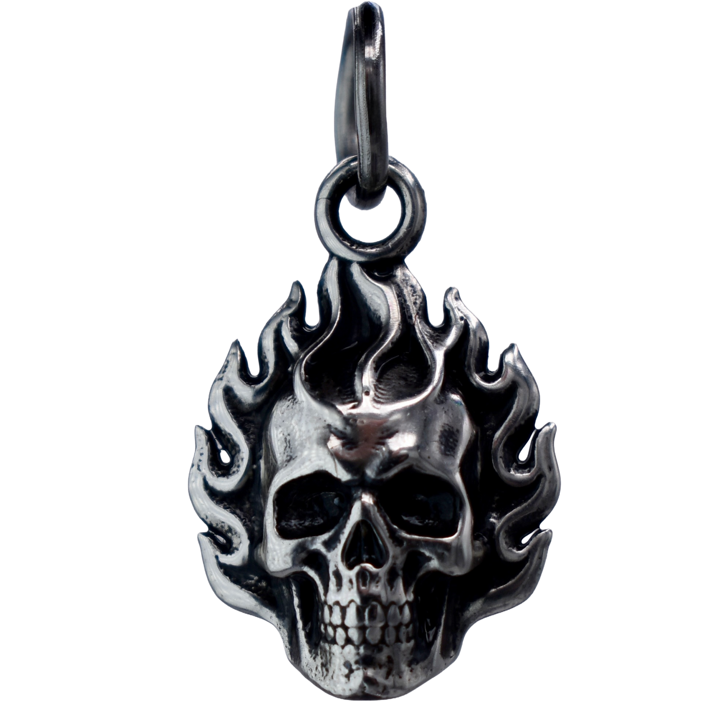 a Flaming Skull Charm - Handcrafted .925 Sterling Silver Pendant for Bracelets and earrings by The Colorado Charm Company - front view