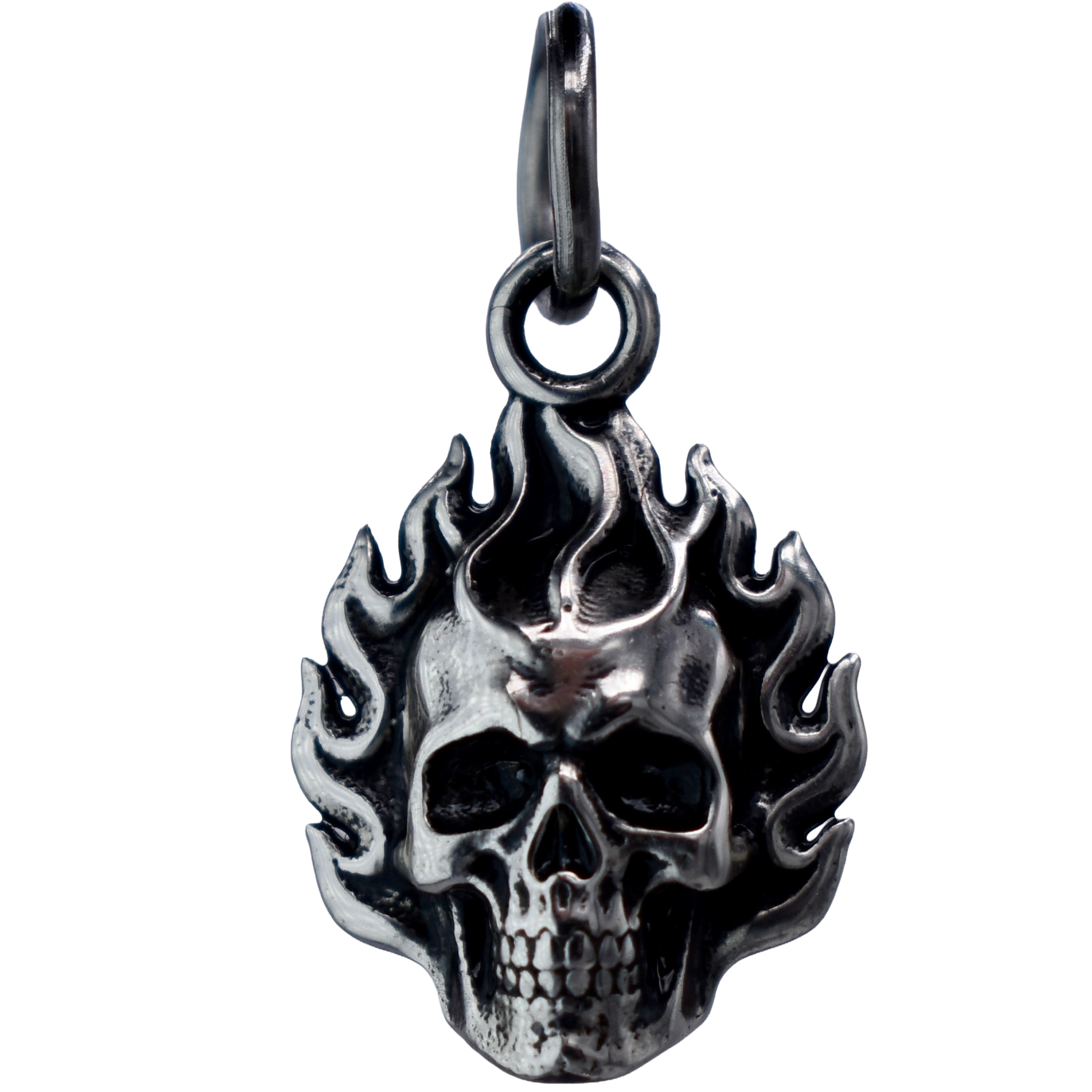 a Flaming Skull Charm - Handcrafted .925 Sterling Silver Pendant for Bracelets and earrings by The Colorado Charm Company - front view