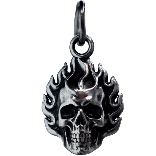a Flaming Skull Charm - Handcrafted .925 Sterling Silver Pendant for Bracelets and earrings by The Colorado Charm Company - front view