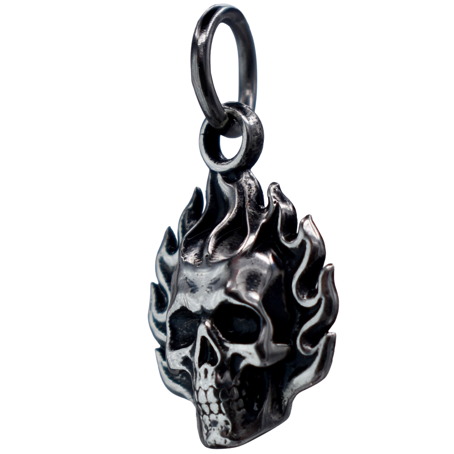 a Flaming Skull Charm - Handcrafted .925 Sterling Silver Pendant for Bracelets and earrings by The Colorado Charm Company - right side view