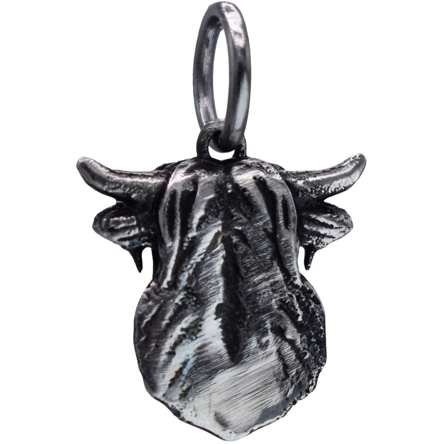 a detailed highland cow Charm - Handcrafted .925 Sterling Silver Pendant for Bracelets and earrings by The Colorado Charm Company - back view