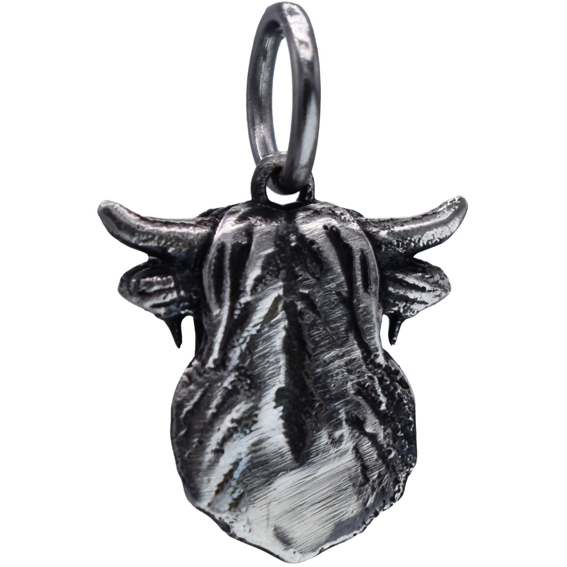 a detailed highland cow Charm - Handcrafted .925 Sterling Silver Pendant for Bracelets and earrings by The Colorado Charm Company - back view