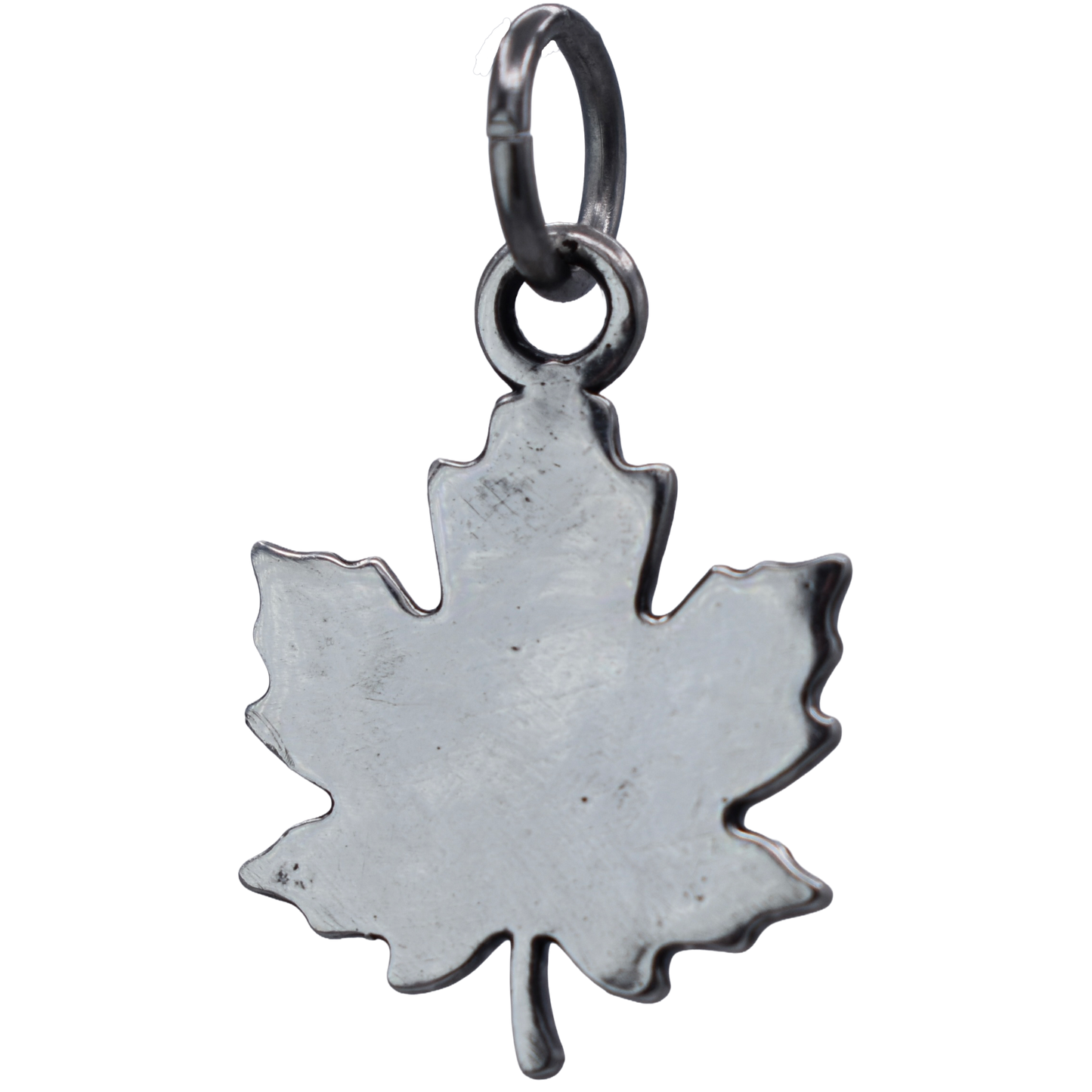 a detailed maple leaf Charm  - Handcrafted .925 Sterling Silver Pendant for Bracelets and earrings by The Colorado Charm Company - back view