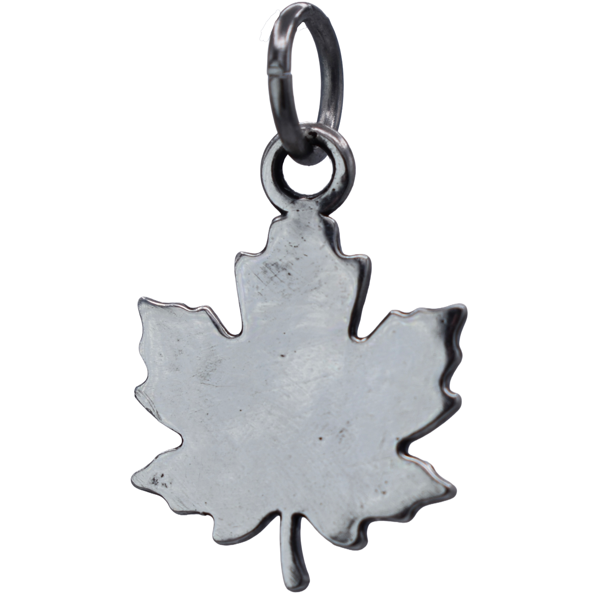 a detailed maple leaf Charm  - Handcrafted .925 Sterling Silver Pendant for Bracelets and earrings by The Colorado Charm Company - back view
