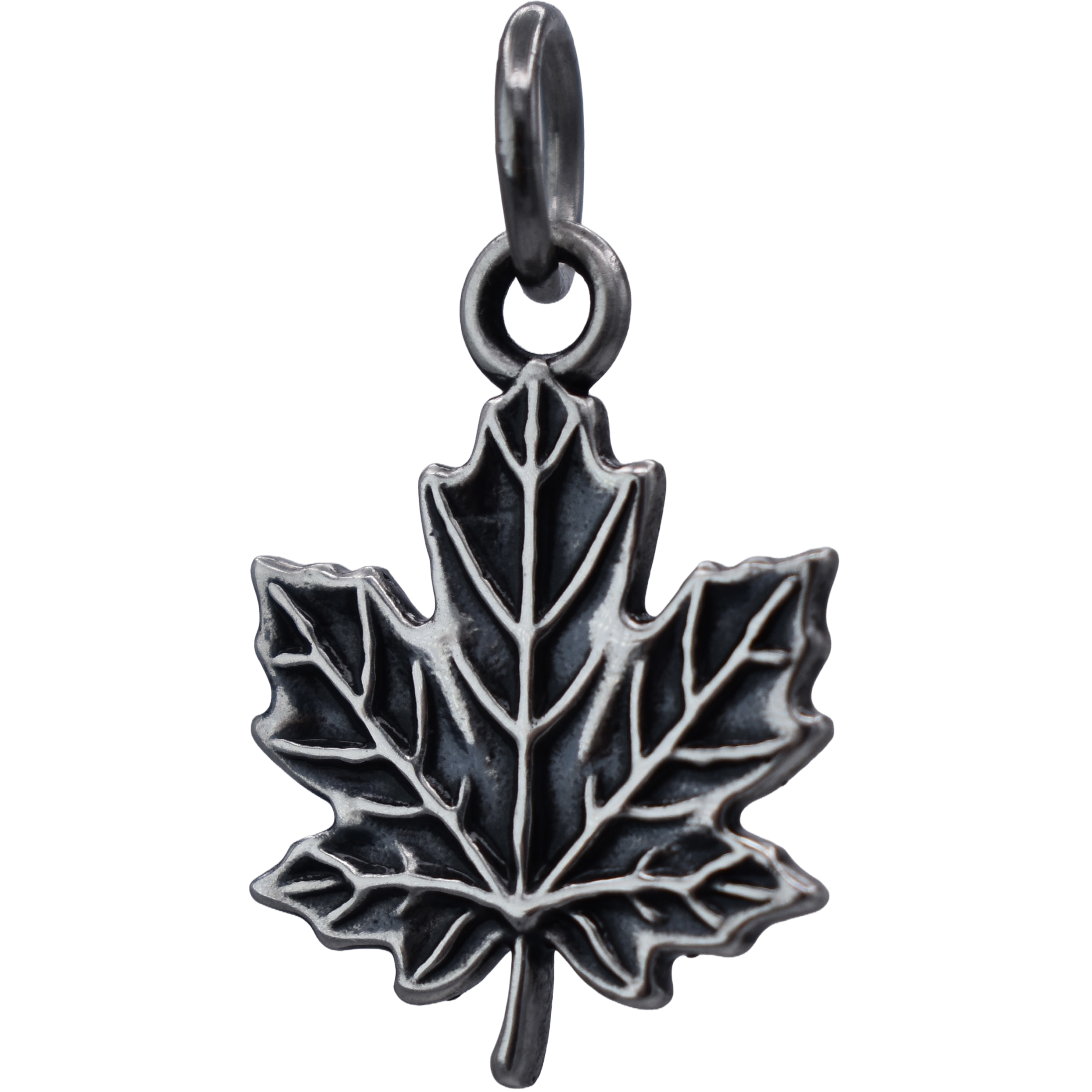 a detailed maple leaf Charm  - Handcrafted .925 Sterling Silver Pendant for Bracelets and earrings by The Colorado Charm Company - front view