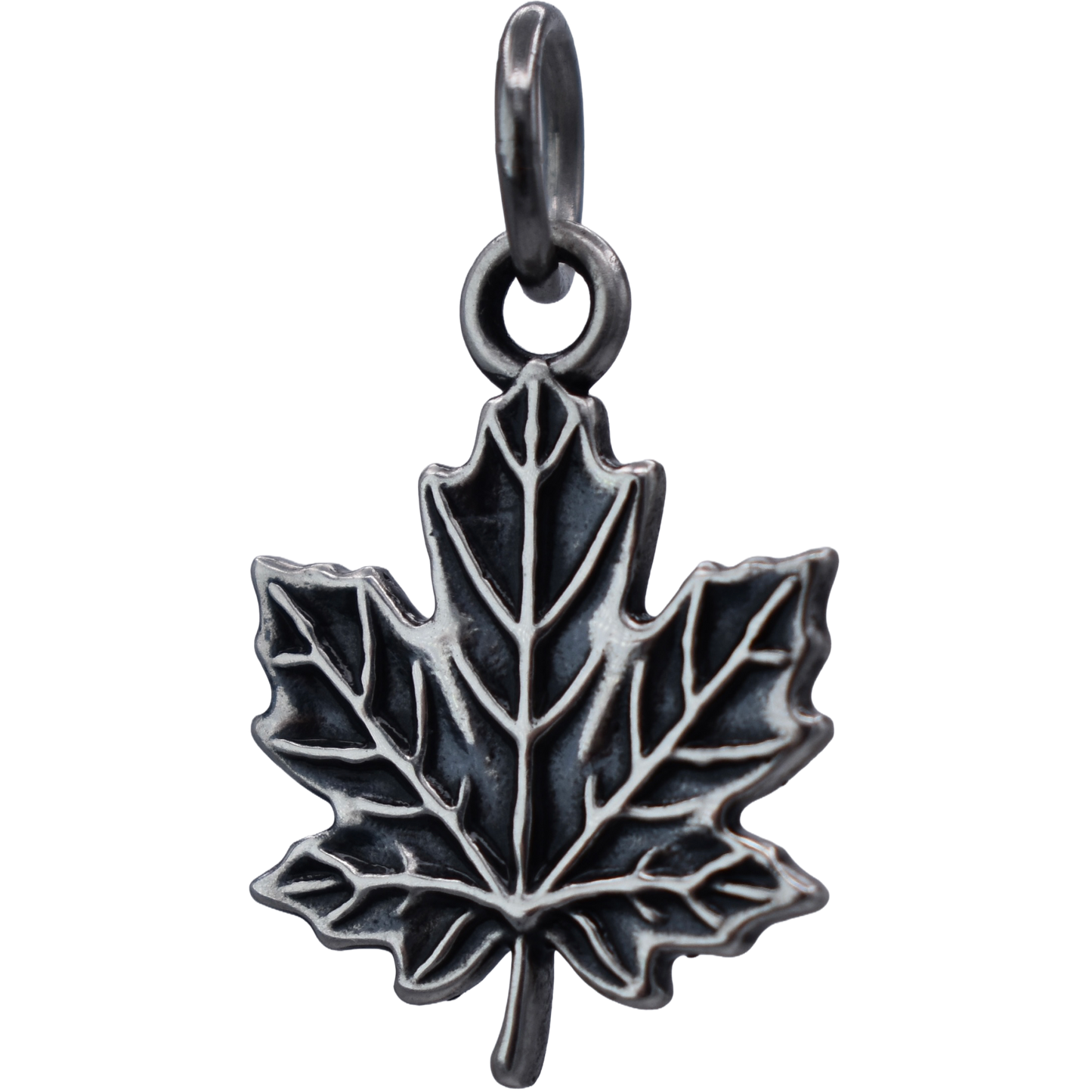 a detailed maple leaf Charm  - Handcrafted .925 Sterling Silver Pendant for Bracelets and earrings by The Colorado Charm Company - front view