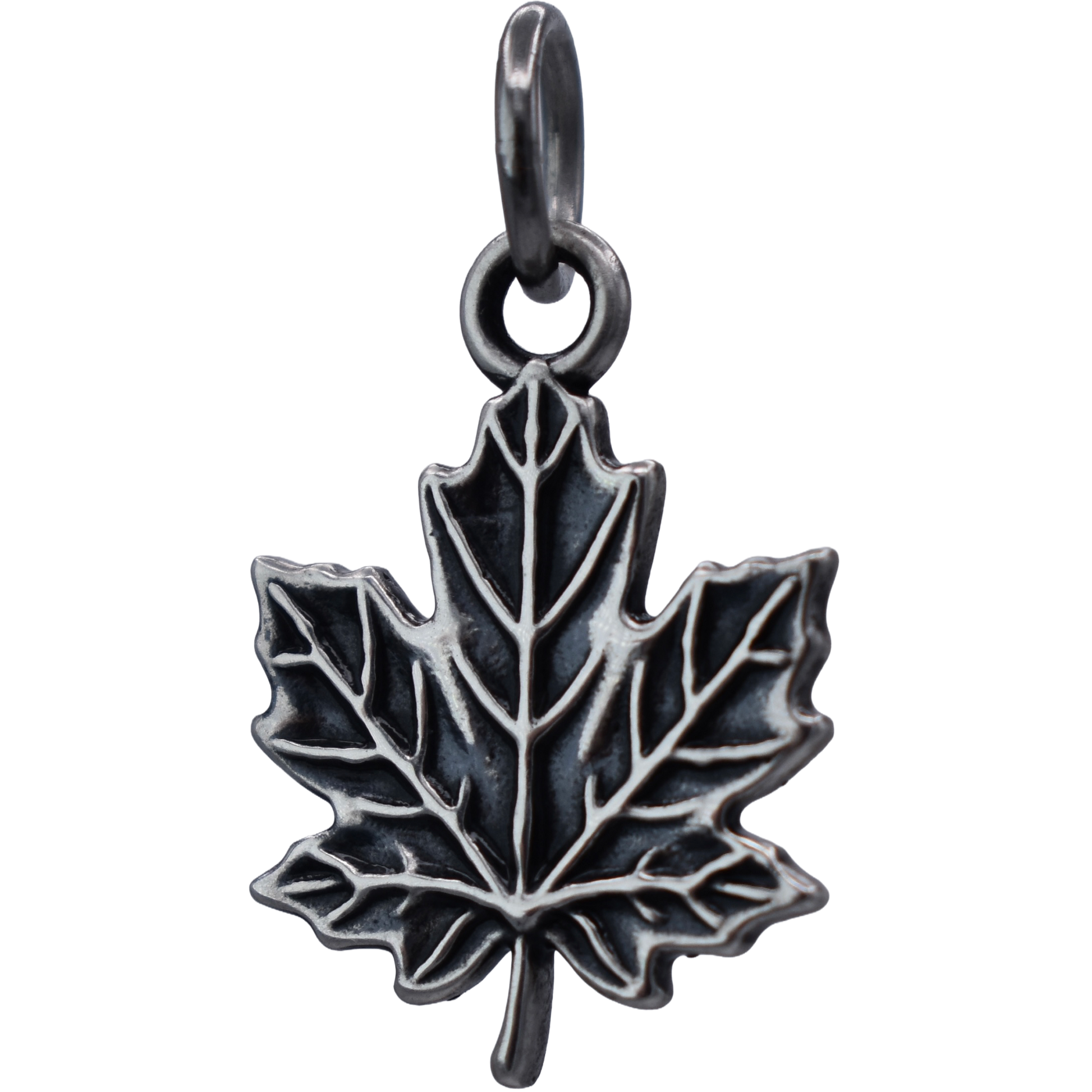 a detailed maple leaf Charm  - Handcrafted .925 Sterling Silver Pendant for Bracelets and earrings by The Colorado Charm Company - front view