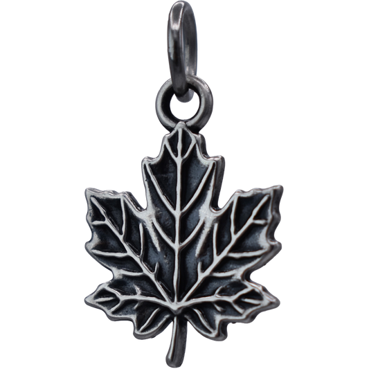 a detailed maple leaf Charm  - Handcrafted .925 Sterling Silver Pendant for Bracelets and earrings by The Colorado Charm Company - front view