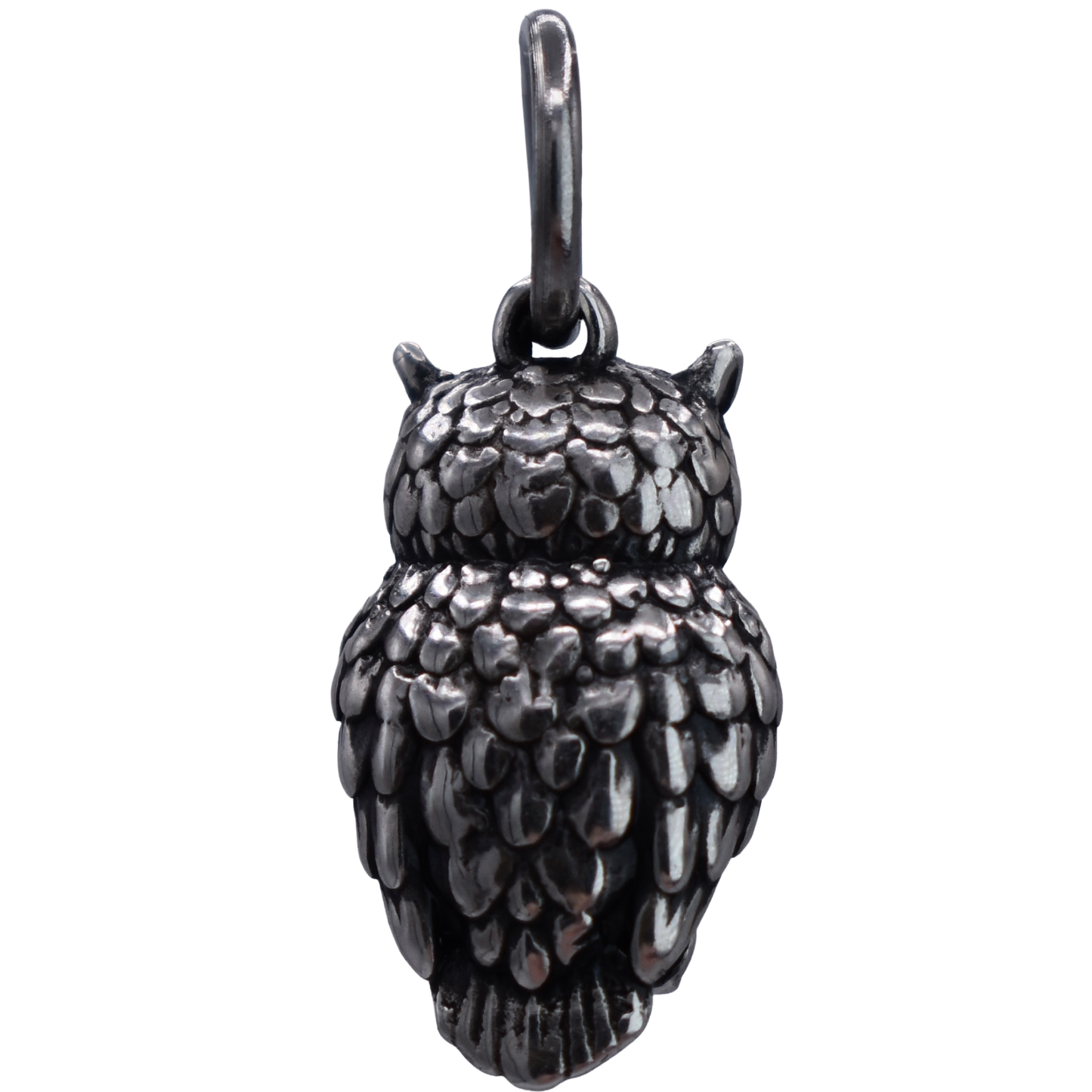 A Great Horned Owl Charm - Handcrafted .925 Sterling Silver Pendant for Bracelets and earrings by The Colorado Charm Company - back view
