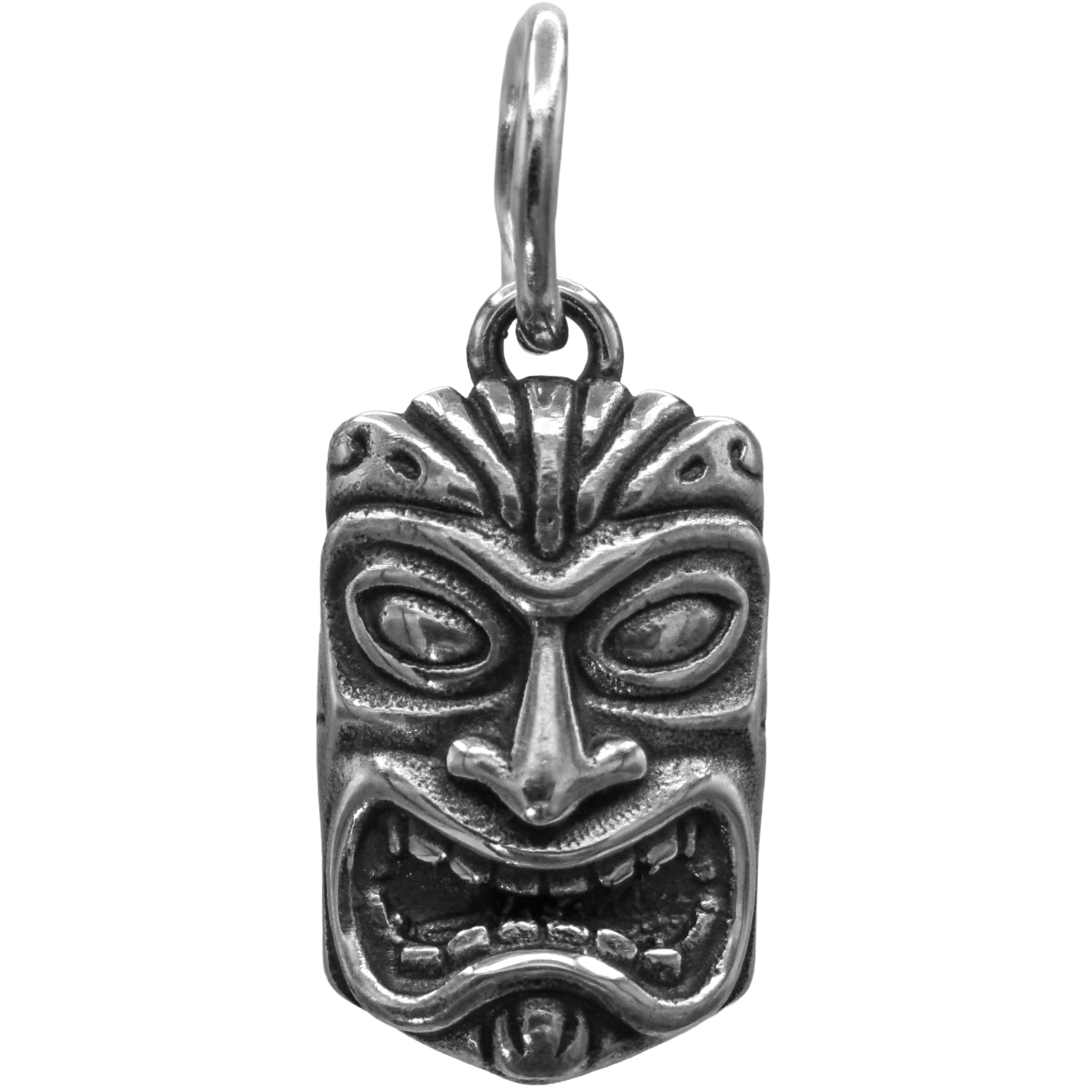 a tiki mask charm - Handcrafted .925 Sterling Silver Pendant for Bracelets and earrings by The Colorado Charm Company - front view