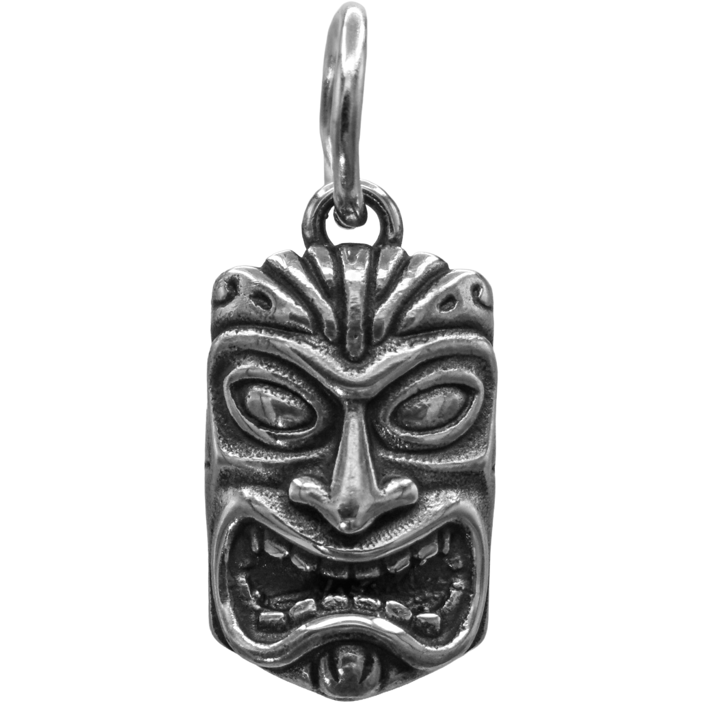 a tiki mask charm - Handcrafted .925 Sterling Silver Pendant for Bracelets and earrings by The Colorado Charm Company - front view
