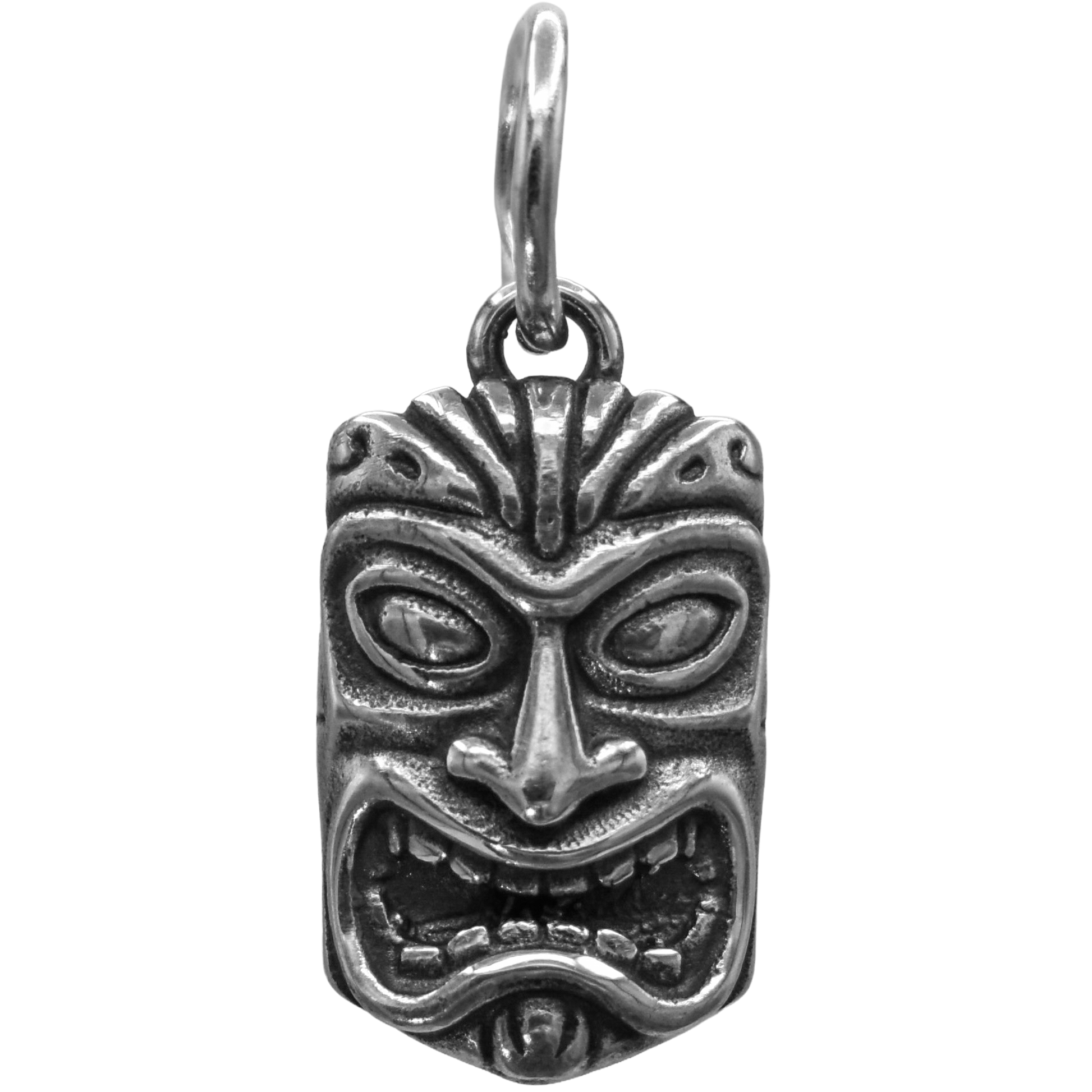 a tiki mask charm - Handcrafted .925 Sterling Silver Pendant for Bracelets and earrings by The Colorado Charm Company - front view